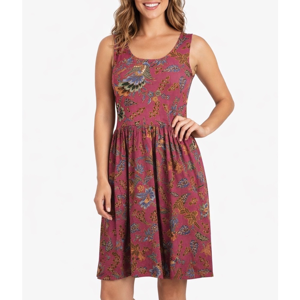 Asia Craft 100% Cotton Dropped Waist Floral Tank Dress Size Small - has Pockets!